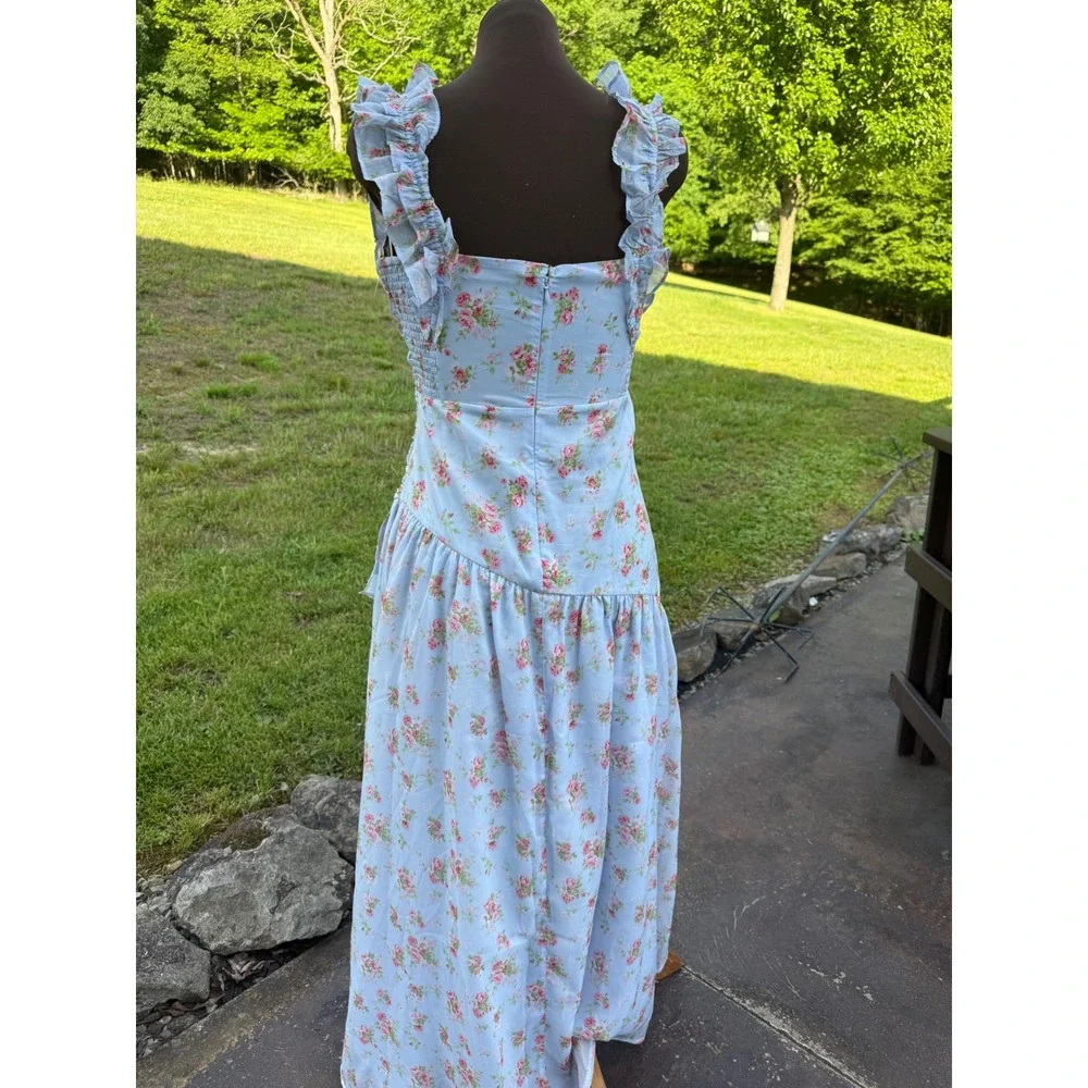 Abercrombie & Fitch Floral High-Low Ruffle Maxi Dress Blue Pink Size M feminine